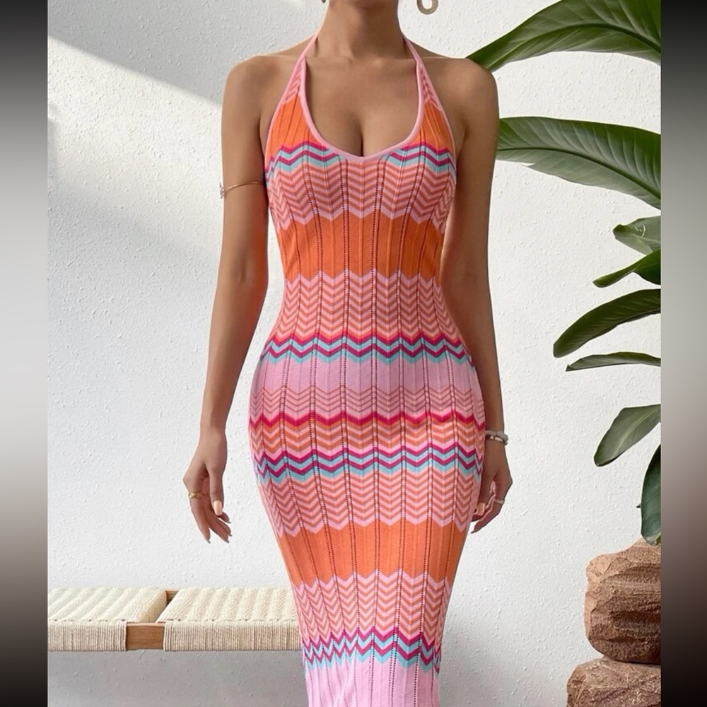 Midi backless halter neck lightweight sweater dress